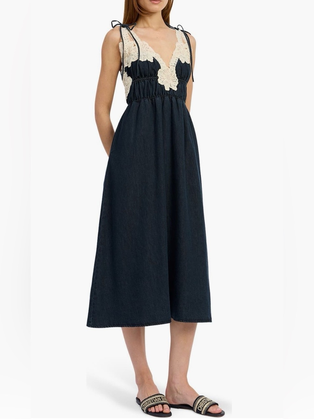 En Saison Dark Indigo Midi Dress with Cream Lace Trim